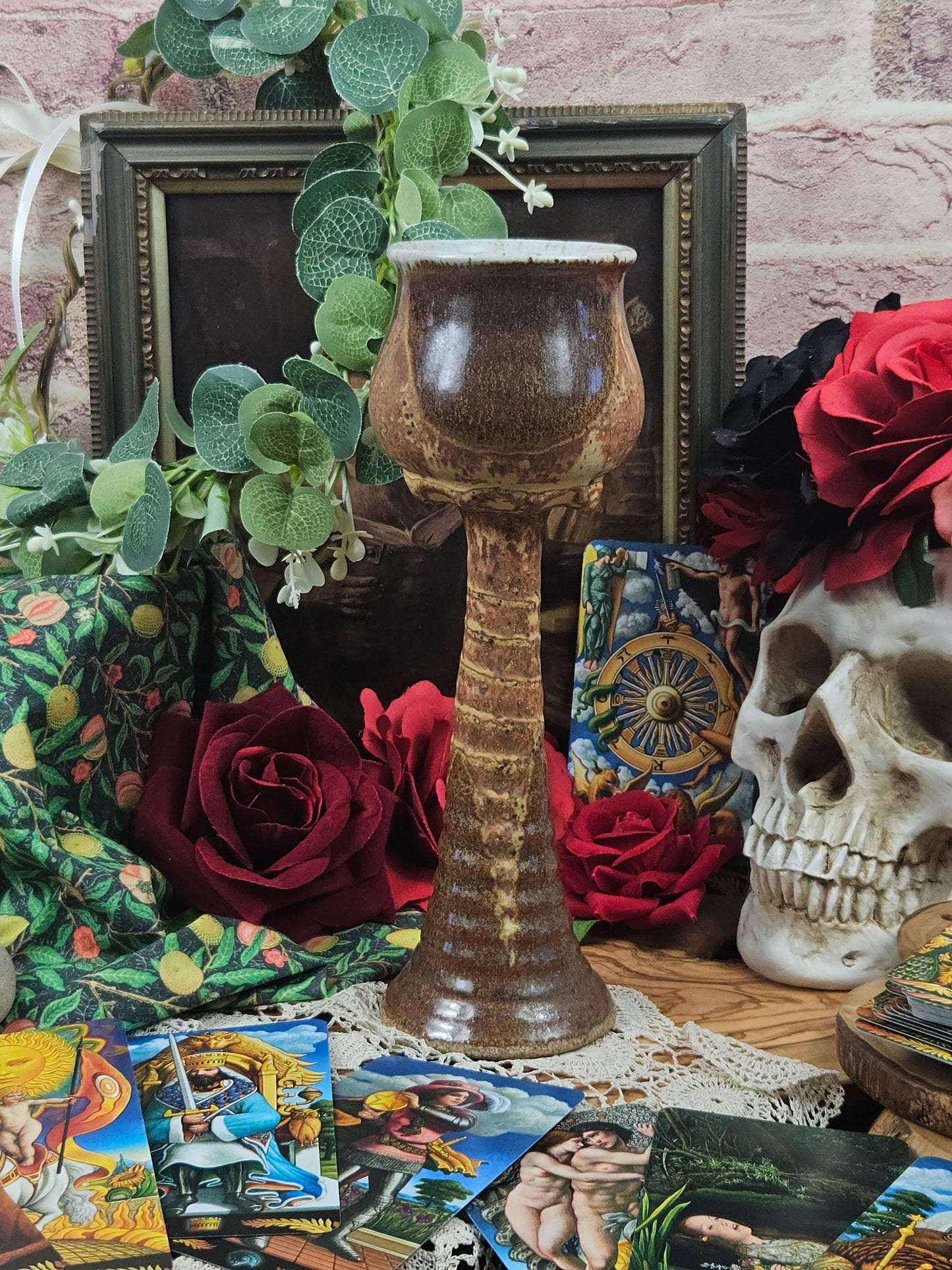 Vintage Studio Pottery Beautifully glazed Brown Tall goblet with VGC