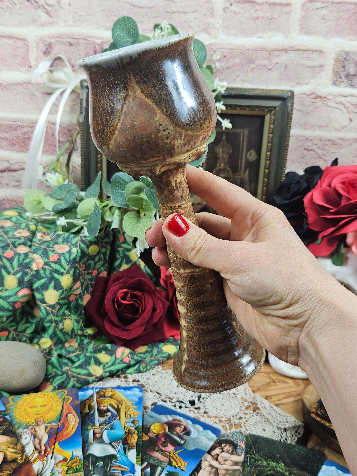 Vintage Studio Pottery Beautifully glazed Brown Tall goblet with VGC