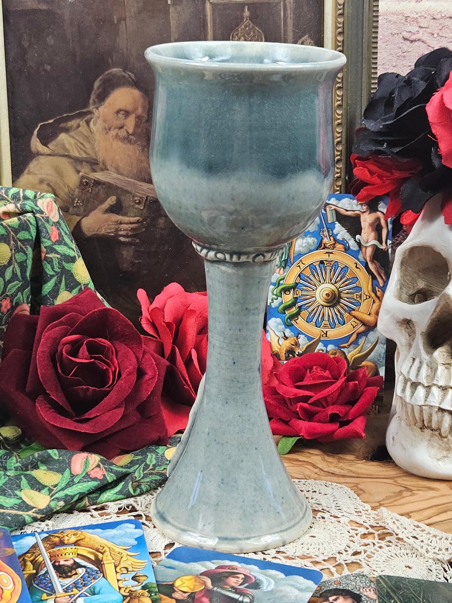 Vintage Studio Pottery Beautifully glazed Blue Tall goblet with VGC