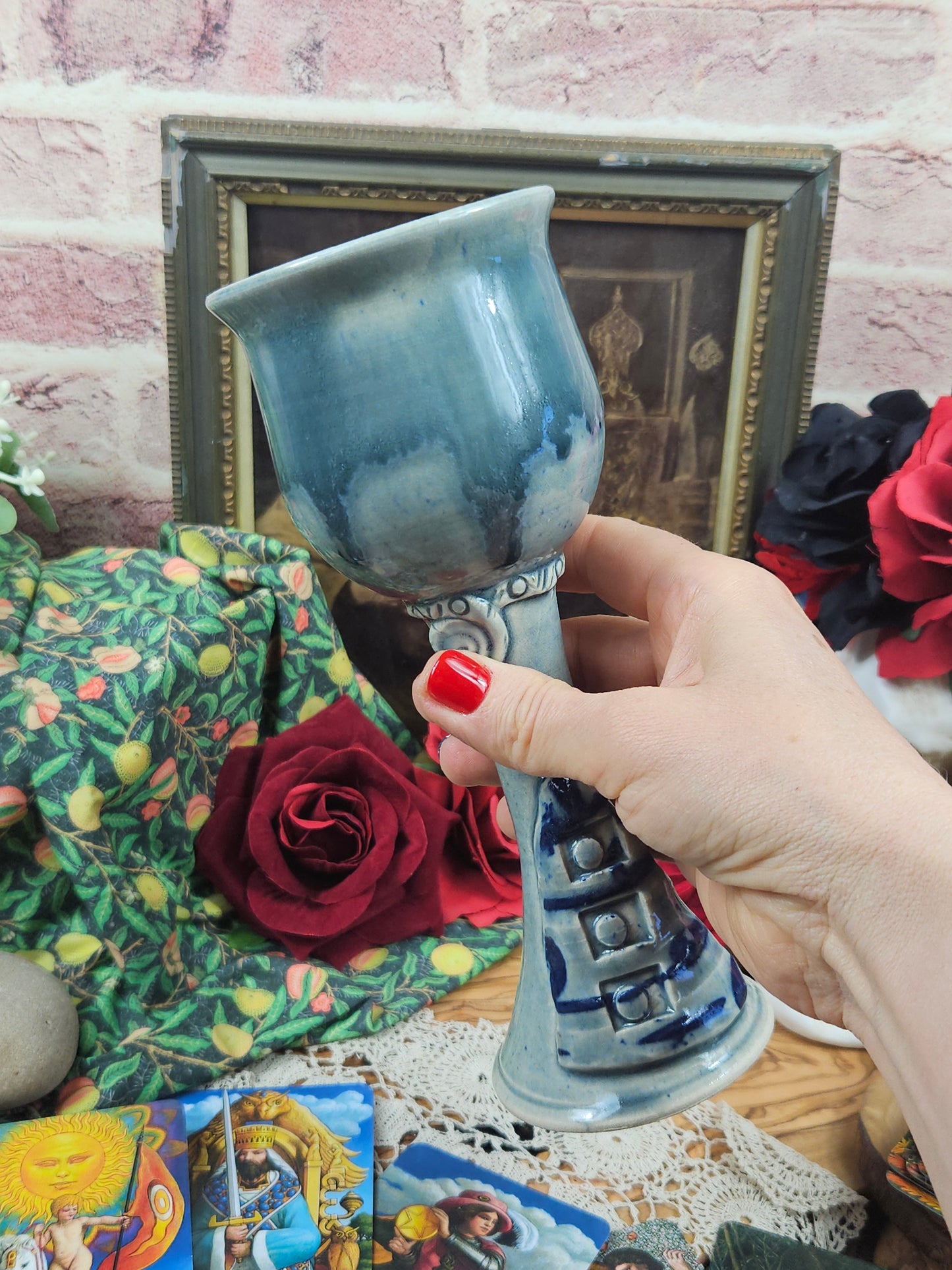 Vintage Studio Pottery Beautifully glazed Blue Tall goblet with VGC