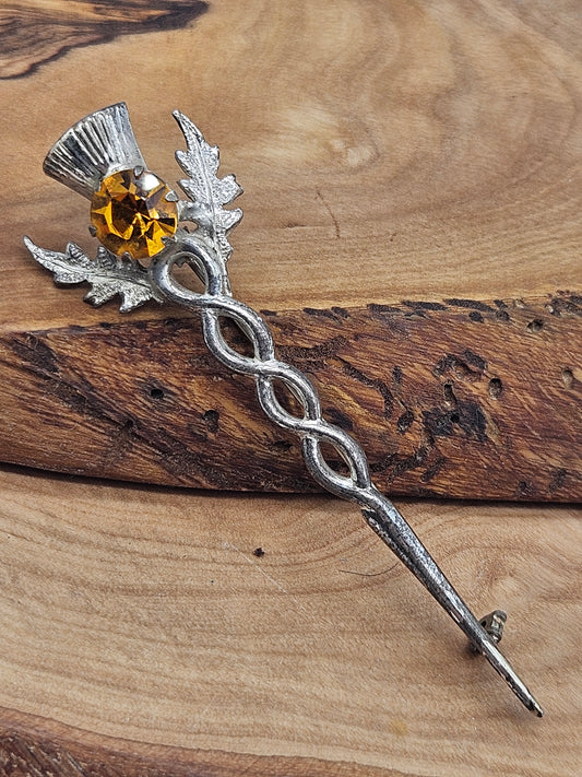 Vintage Scottish style Kilt Pin/ brooch - The Thistle with yellow gemstone.