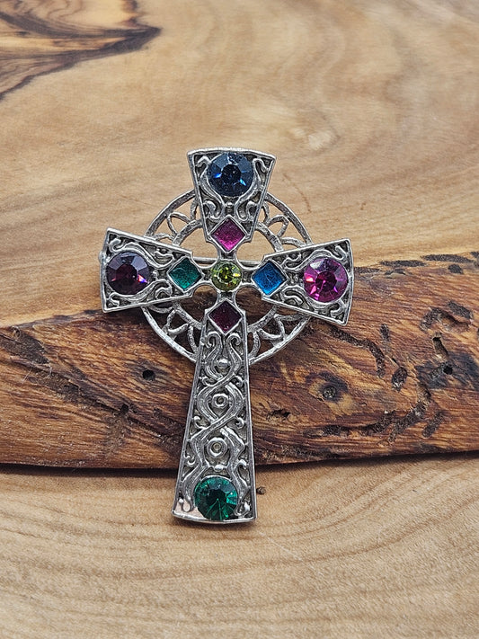 Vintage Celtic style brooch - The Celtic Cross with glass gemstones.