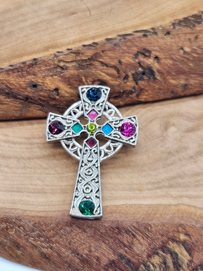 Vintage Celtic style brooch - The Celtic Cross with glass gemstones.