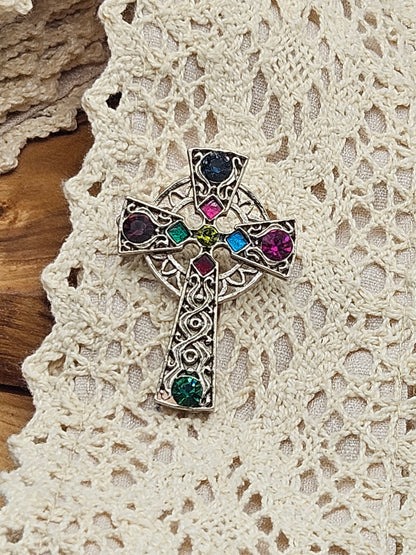 Vintage Celtic style brooch - The Celtic Cross with glass gemstones.