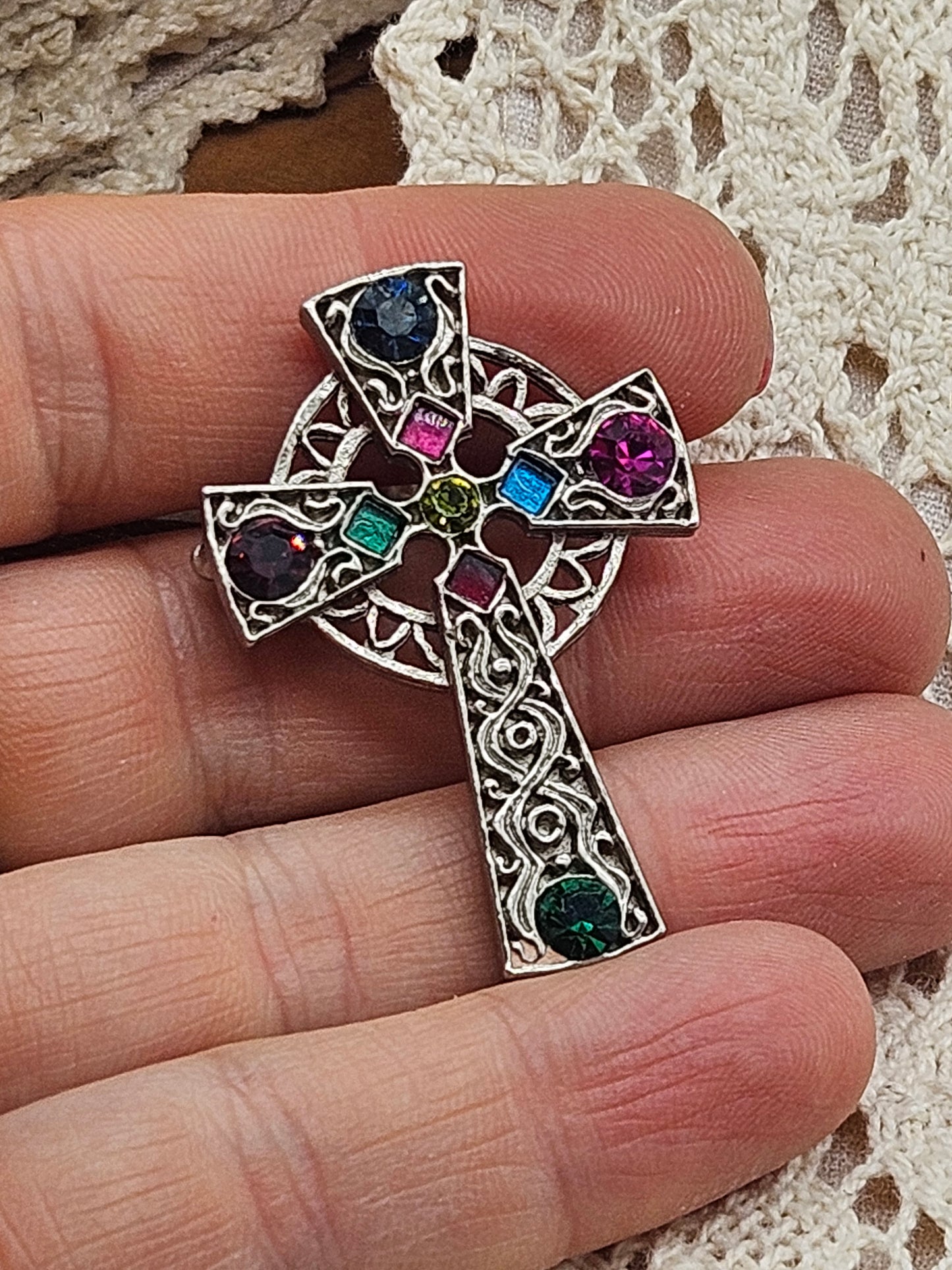 Vintage Celtic style brooch - The Celtic Cross with glass gemstones.