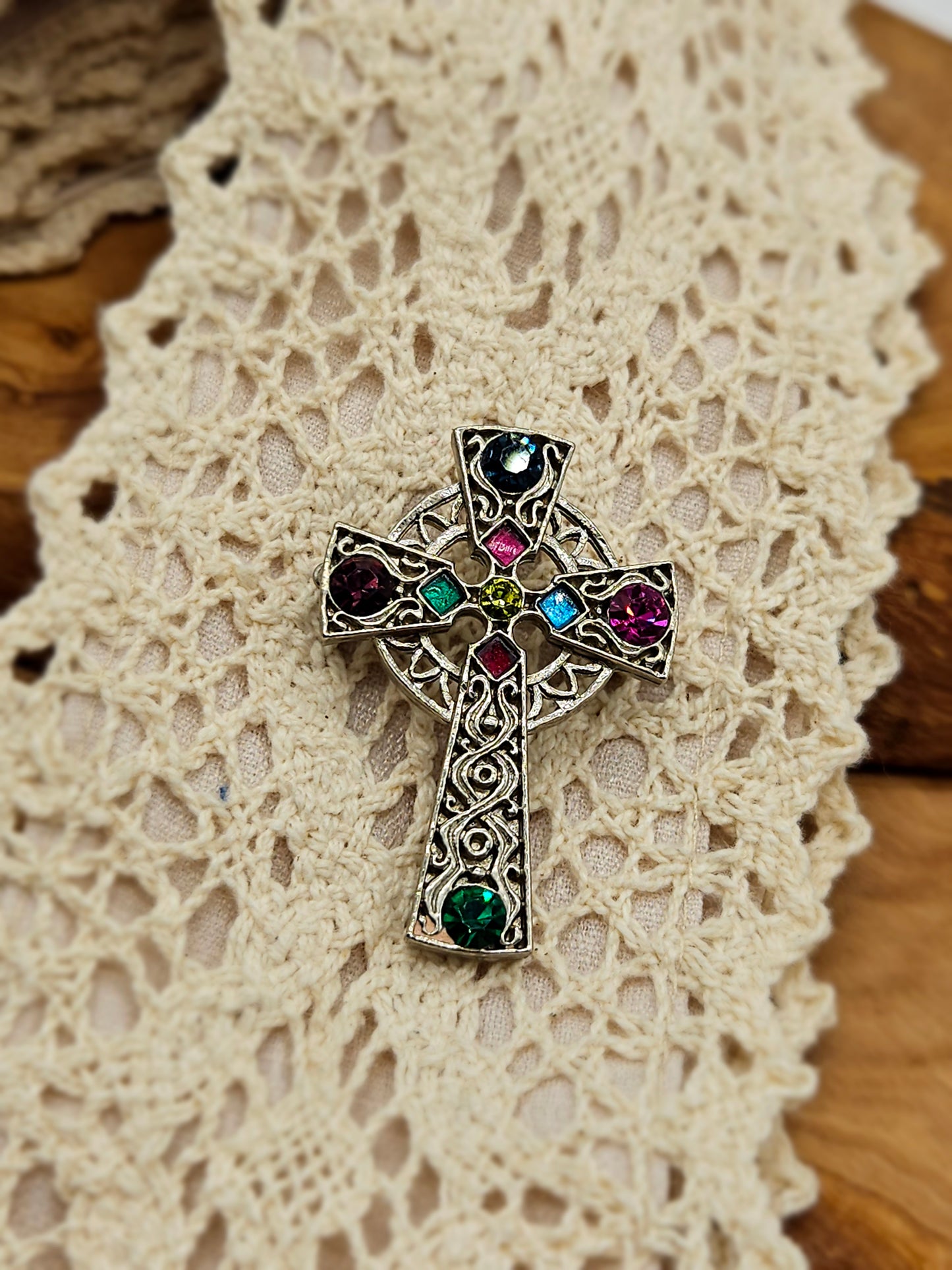 Vintage Celtic style brooch - The Celtic Cross with glass gemstones.