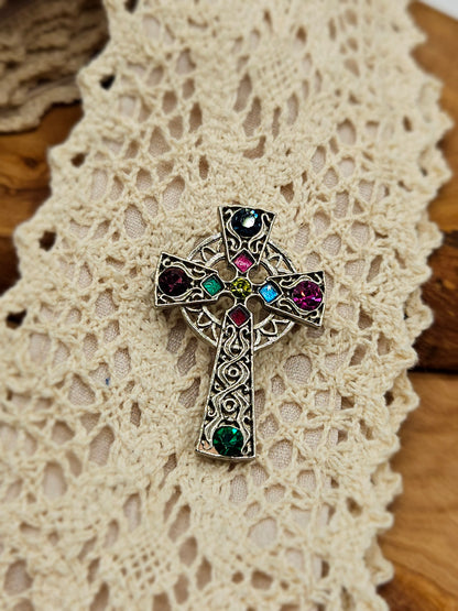 Vintage Celtic style brooch - The Celtic Cross with glass gemstones.