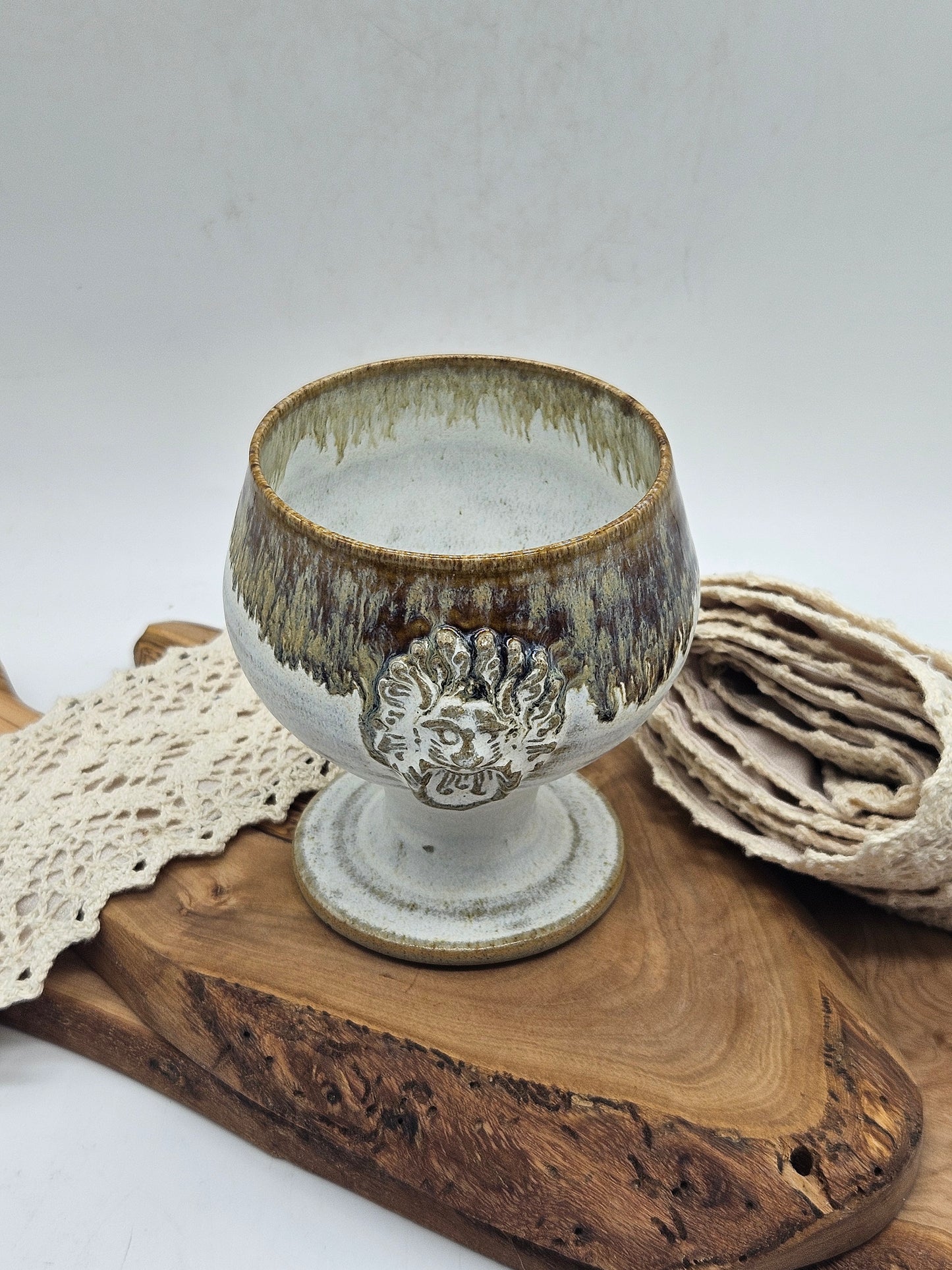 Studio pottery Vintage Glazed Goblet with Lion