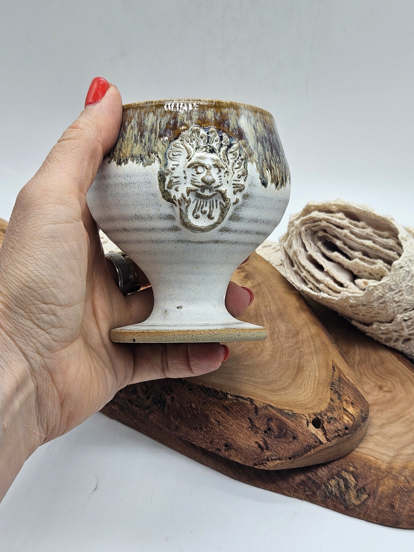 Studio pottery Vintage Glazed Goblet with Lion