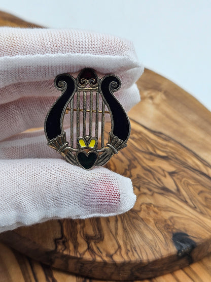 Vintage Irish Enamel Brooch Lucky Harp and two Hearts
