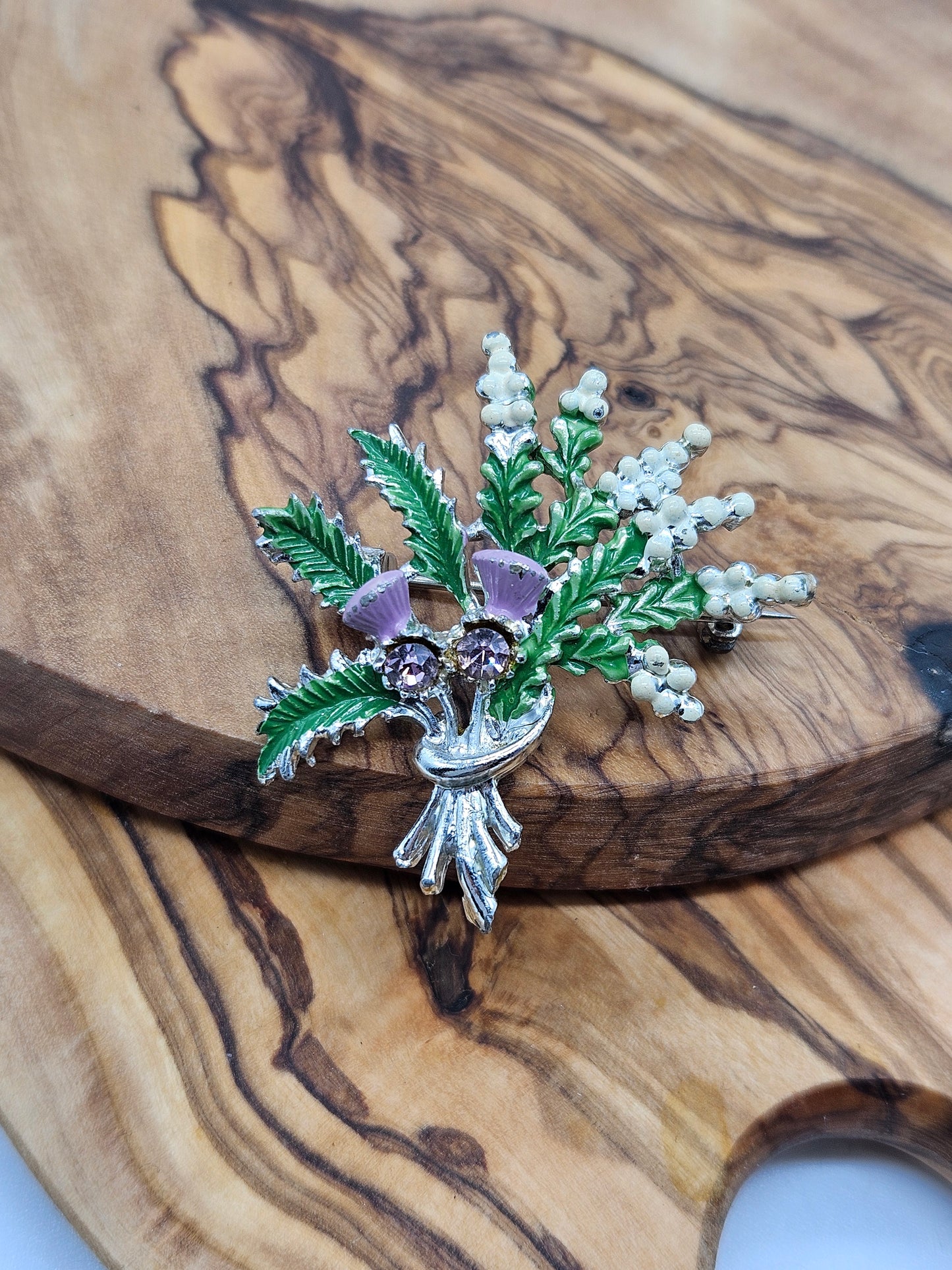 Vintage  Enamel brooch - The Heather Bunch with Violet gemstones.