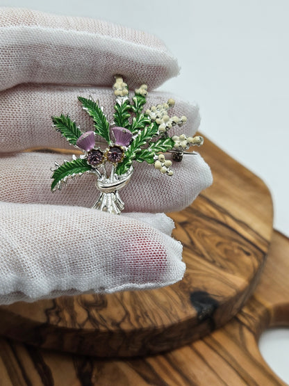 Vintage  Enamel brooch - The Heather Bunch with Violet gemstones.