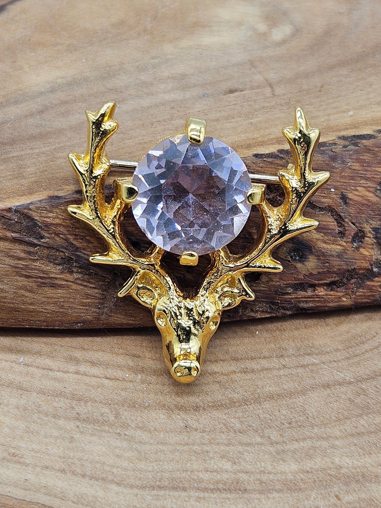 Vintage Scottish Brooch Deer and Thistle Large Lavender Gemstone