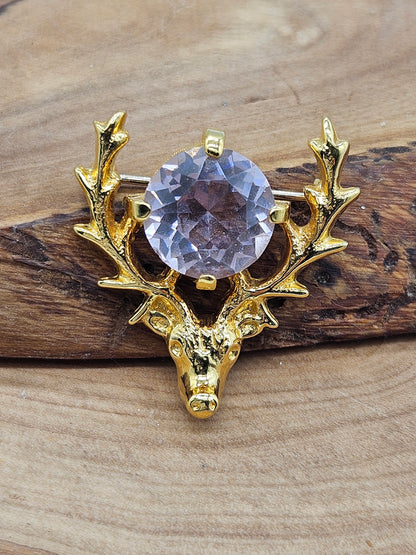 Vintage Scottish Brooch Deer and Thistle Large Lavender Gemstone