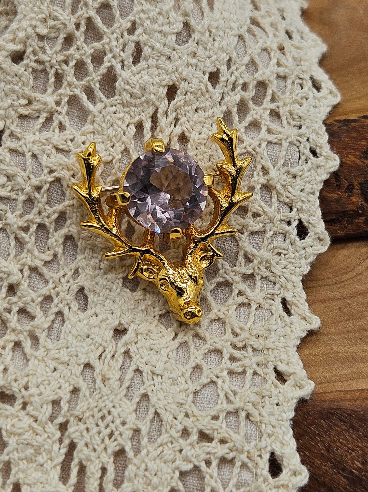Vintage Scottish Brooch Deer and Thistle Large Lavender Gemstone