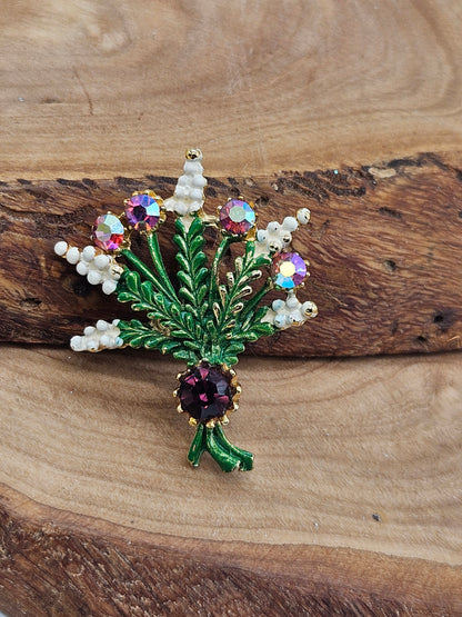 Vintage Enamel brooch - The Heather Bunch with Violet gemstones.