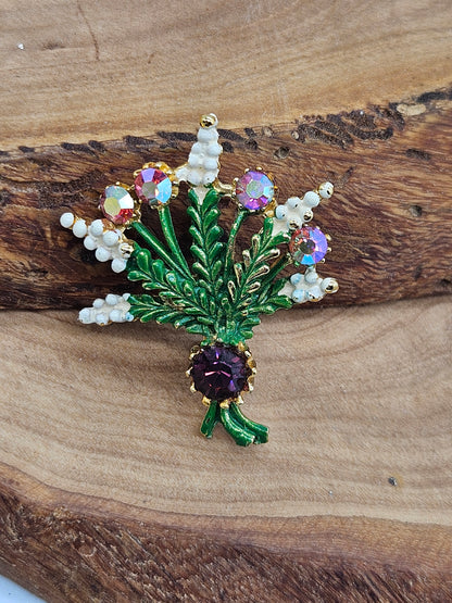 Vintage Enamel brooch - The Heather Bunch with Violet gemstones.
