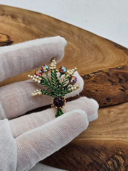 Vintage Enamel brooch - The Heather Bunch with Violet gemstones.