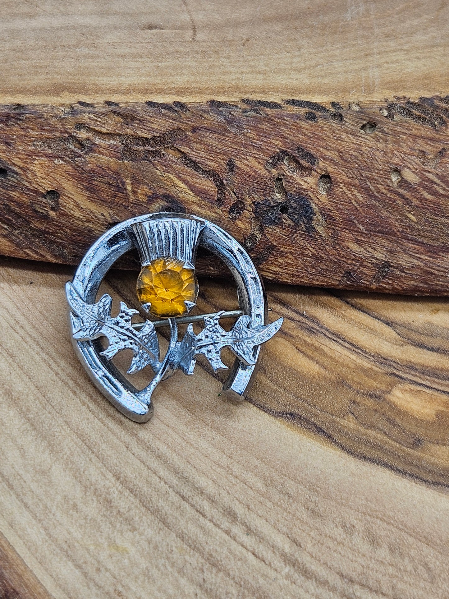 Vintage small Scottish Brooch Horseshoe and Thistle with yellow Gemstone