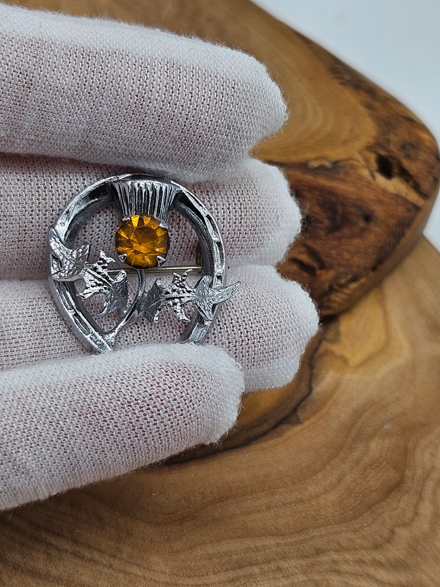 Vintage small Scottish Brooch Horseshoe and Thistle with yellow Gemstone