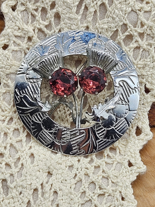 Vintage Scottish style brooch - The Thistle with Violet gemstones.