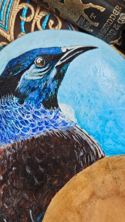 Vintage Hand carved and painted decorative wooden dish with Blue Bird