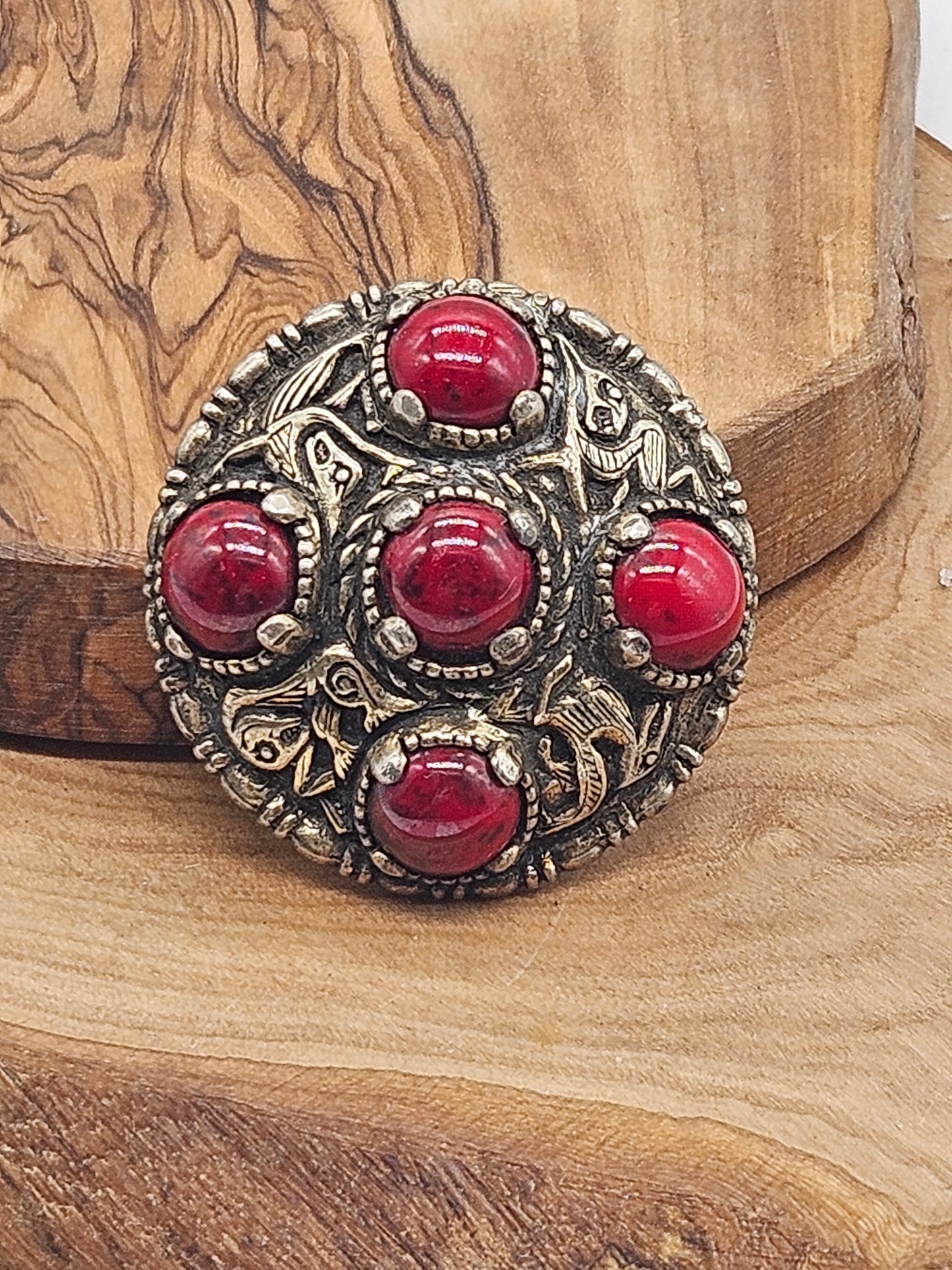 Vintage Large Scottish Brooch with red gemstones, Miracle, Viking, VGC, L1092