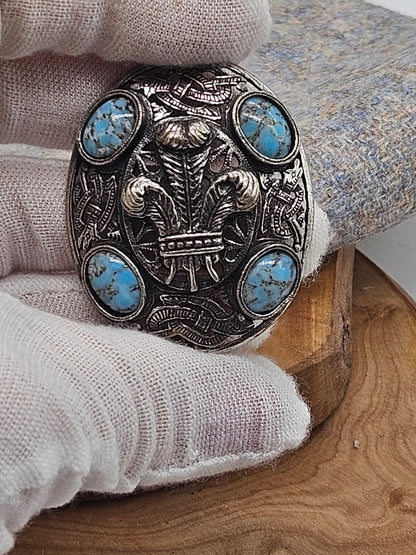 Vintage Scottish Brooch with ornament, Royal Feathers and turquoise, VGC