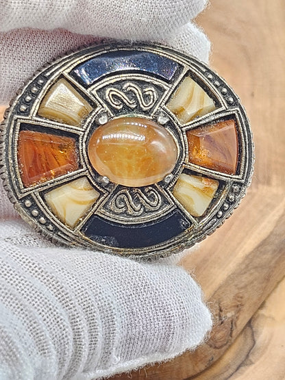 Vintage Bronze Colour Scottish Brooch with Stone and glass inserts, VGC, L1097