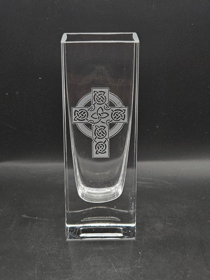 Vintage small glass vase with Celtic Cross